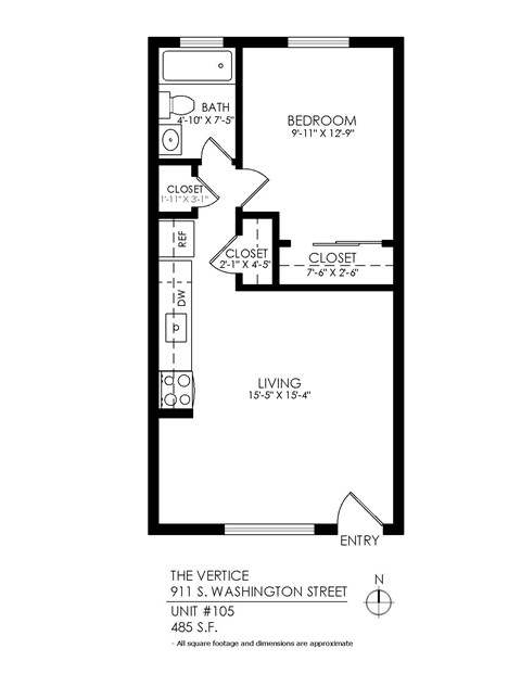 A floor plan of a one bedroom apartment on 911 S. Washington Street.